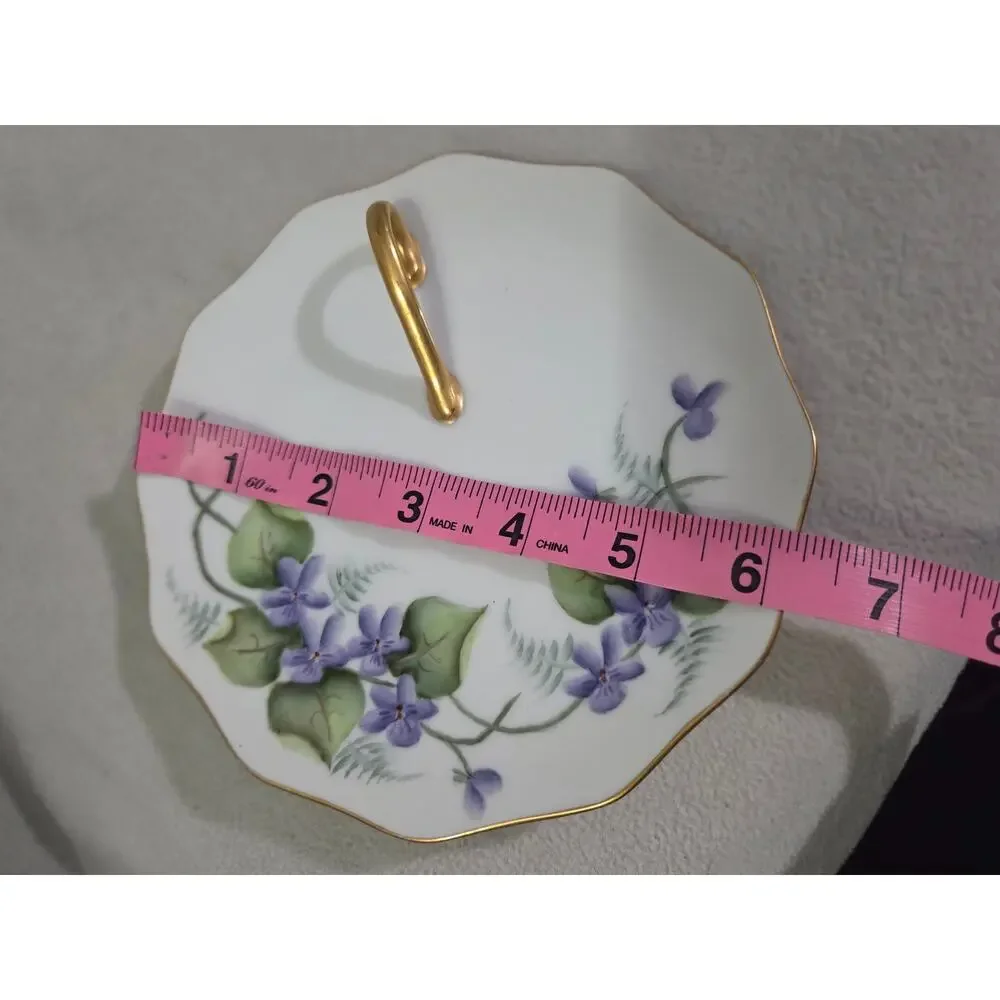 Antique E. Stawski Hand Painted Floral Serving Dish Finger Loop Handle Purple